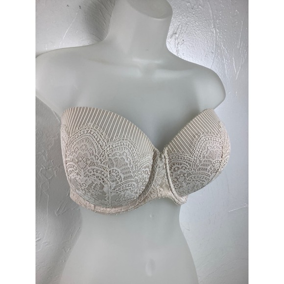 VS Dream Angel Strapless Multi Way Lace Wired Nude bra SZ 38DD or 38E EUC - Picture 1 of 12